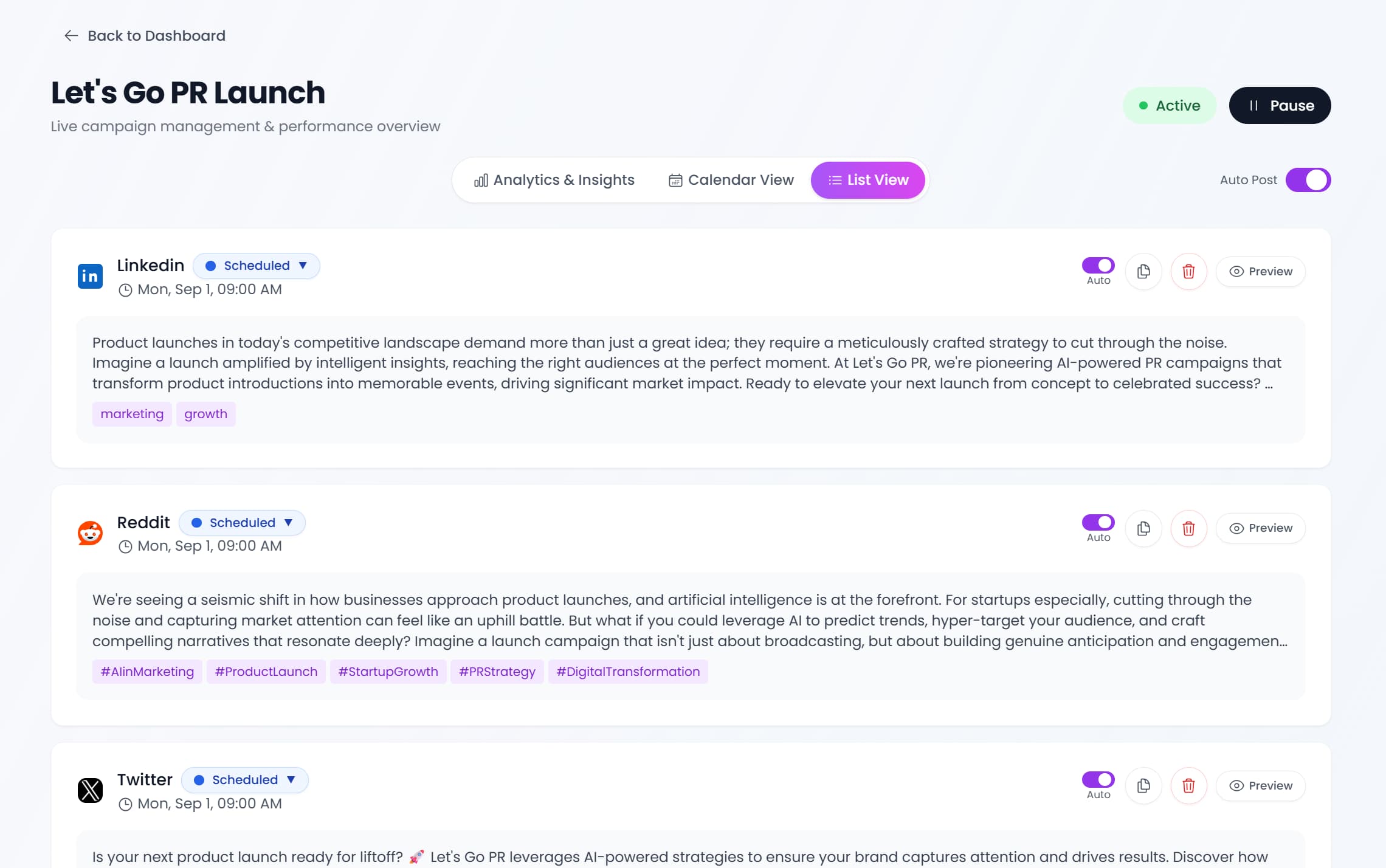 Live Campaign Dashboard - calendar view