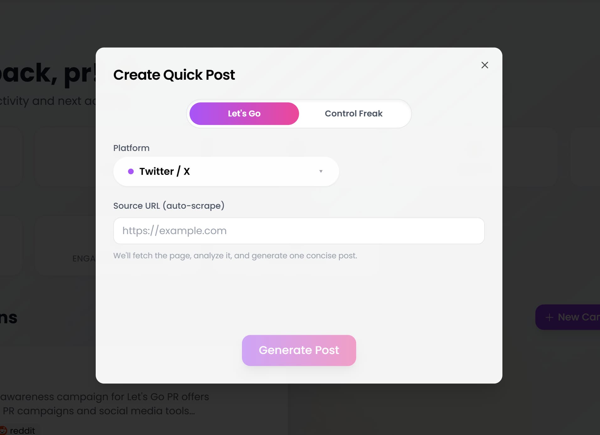 Quick Post modal generating content